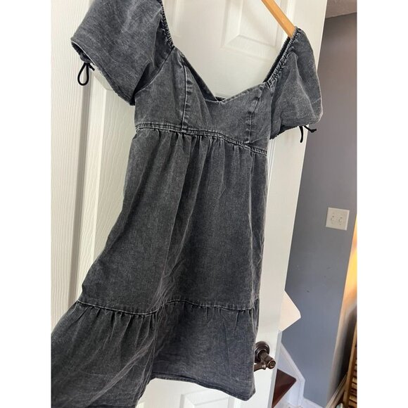 Shein Black Washed Puff Sleeve Mini Dress Square Neck Cottagecore Y2K XS - Picture 2 of 5